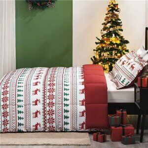 King Size Comforter Set with Christmas Reindeer Snowflake Patterns, 3-Piece Set